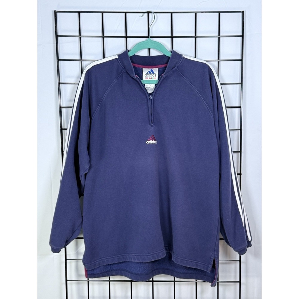 Vintage 90's Adidas Fleece Sweatshirt Mens M Blue 3 Stripes Patch 1/4 Zip Sporty